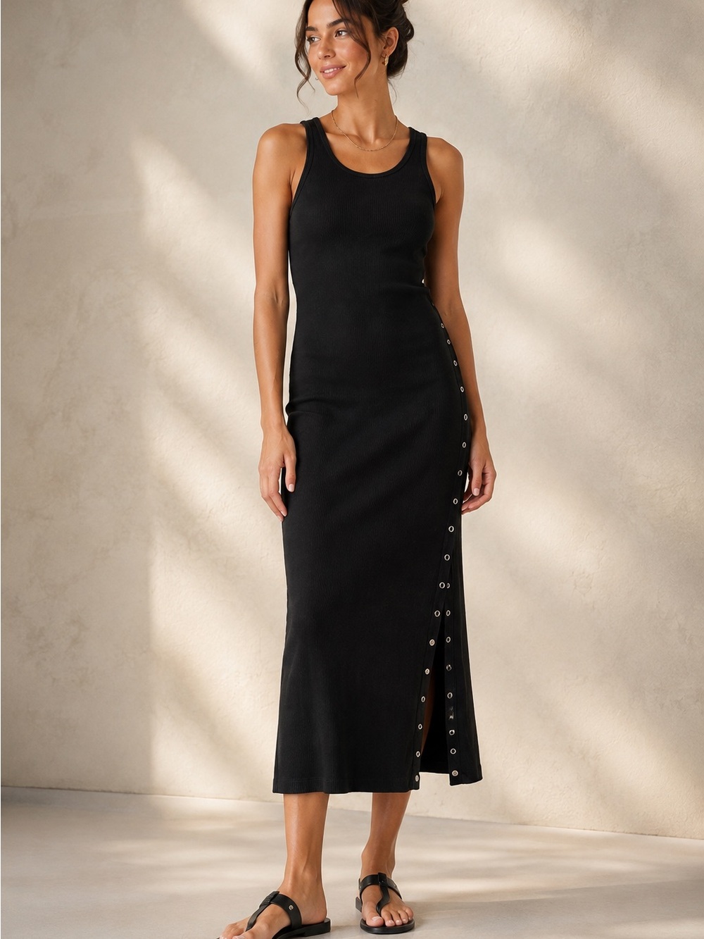 Sundry Black Ribbed Side Snap Tank Midi Maxi Dress Cotton Modal Bodycon Medium